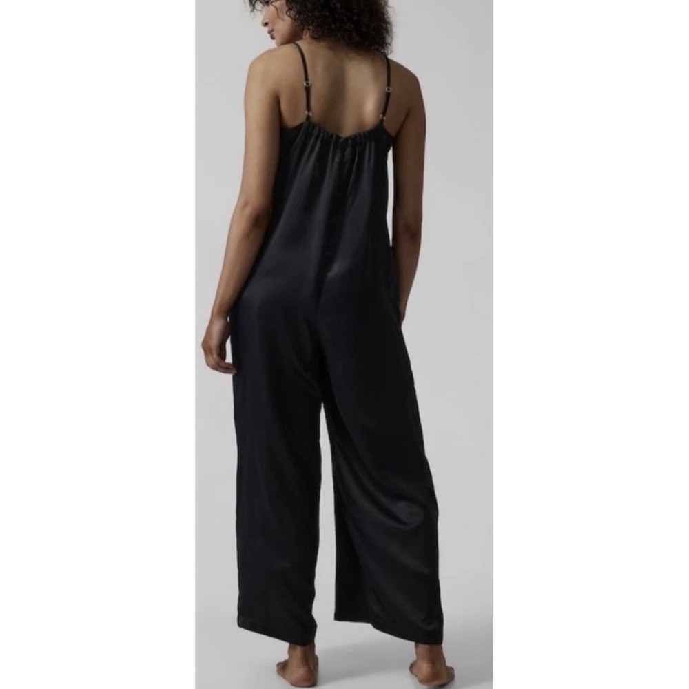 Athleta Calm Cool Wide Leg Jumpsuit Silky Black V Neck Resort Lounge Romper XL - Picture 2 of 15